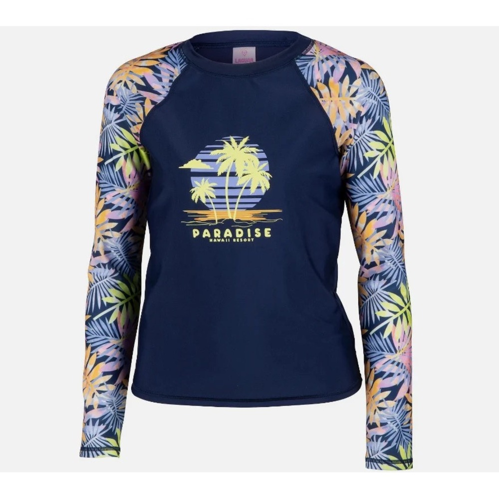 Laguna Girls' Palm Leaves Long-Sleeve Swim Tee - Navy Combo, L (14)